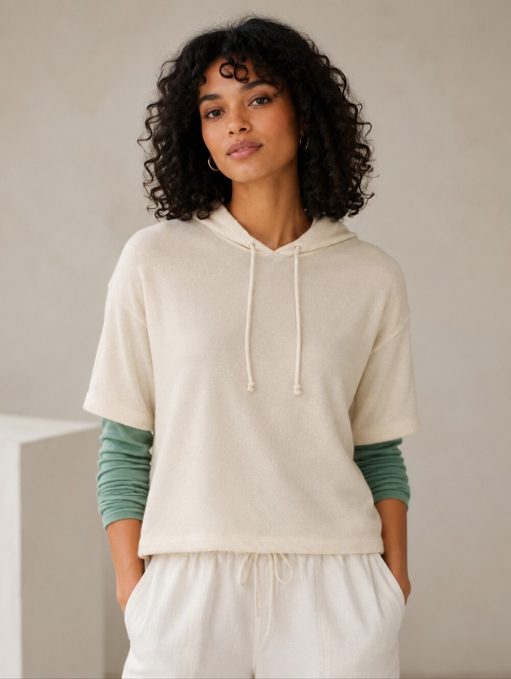 $128 Calme by Johnny Was Modern Hooded Cozy Tee Ribbed Sweater Oatmeal Large NWT